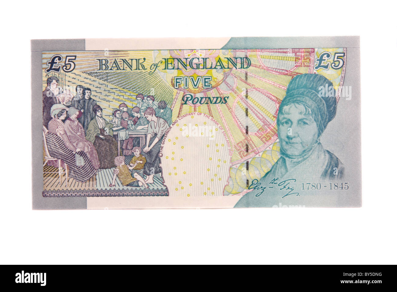 Il retro di un moderno inglese cinque pound nota con Elizabeth Fry. Foto Stock