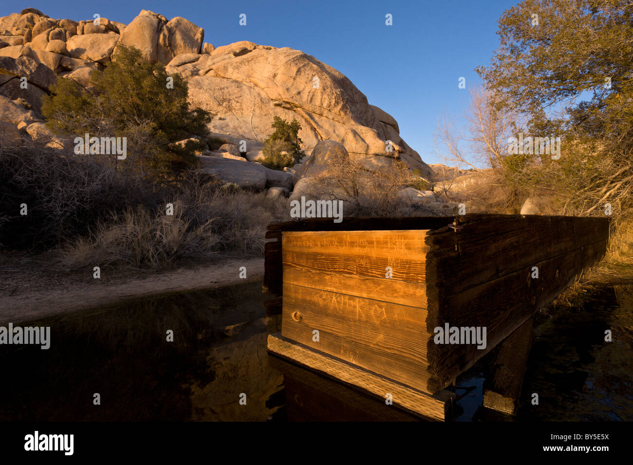 In legno originale mangimi per bovini al di sotto canale barker diga costruita da area pioneer Bill chiavi. Joshua Tree National Park, California, Stati Uniti d'America. Foto Stock