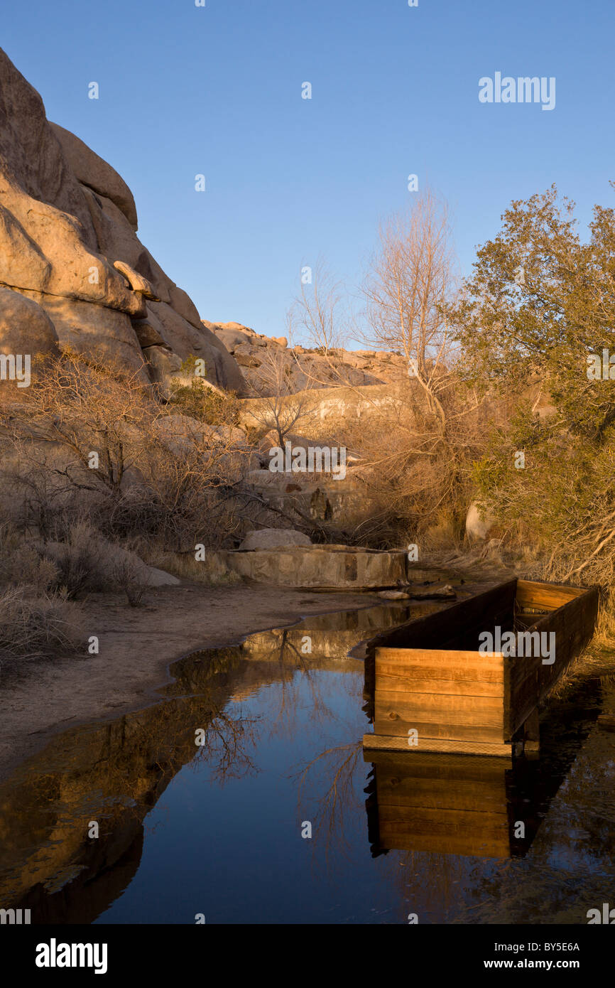 In legno originale mangimi per bovini al di sotto canale barker diga costruita da area pioneer Bill chiavi. Joshua Tree National Park, California, Stati Uniti d'America. Foto Stock