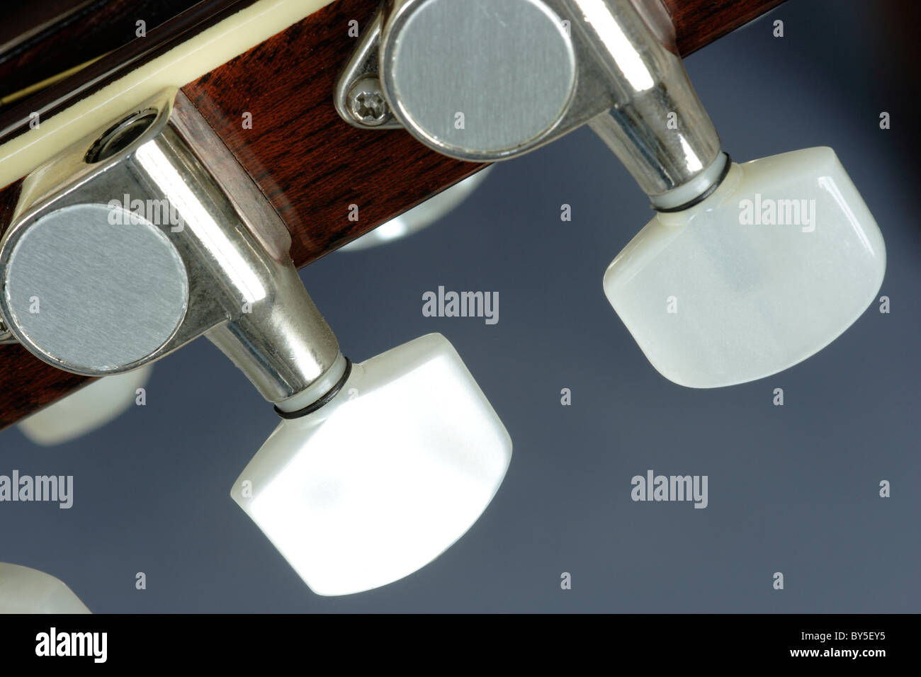 In prossimità delle teste della macchina utilizzata per accordare la chitarra Foto Stock