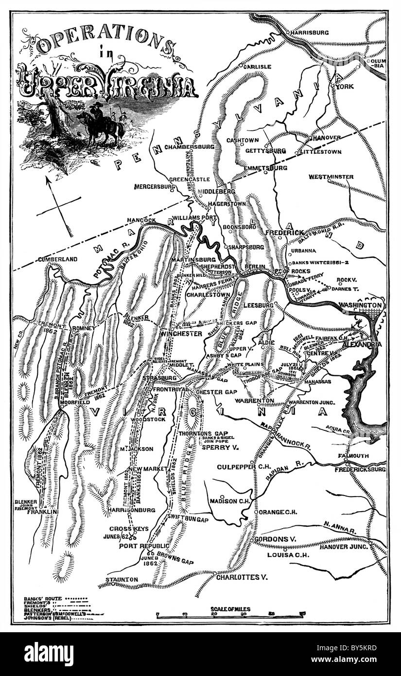 La mappa mostra la guerra civile campagne militari e siti dei campi di battaglia in Virginia superiore nel 1861 e 1862. Foto Stock