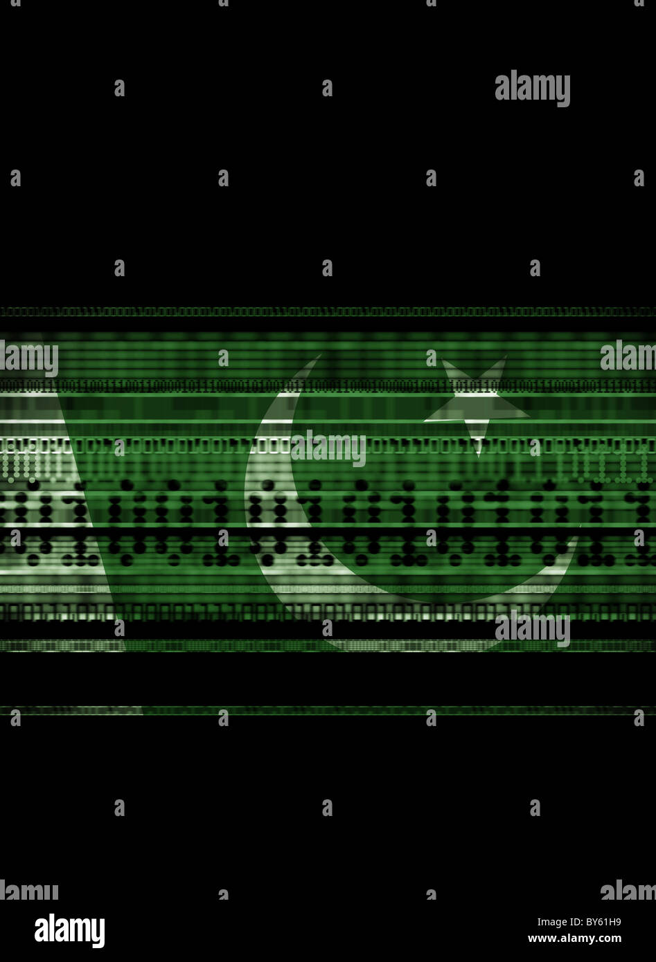 Il Pakistan bandiera miscelati con i flussi di dati che rappresenta i dati e il terrorismo, la sicurezza nazionale, Foto Stock