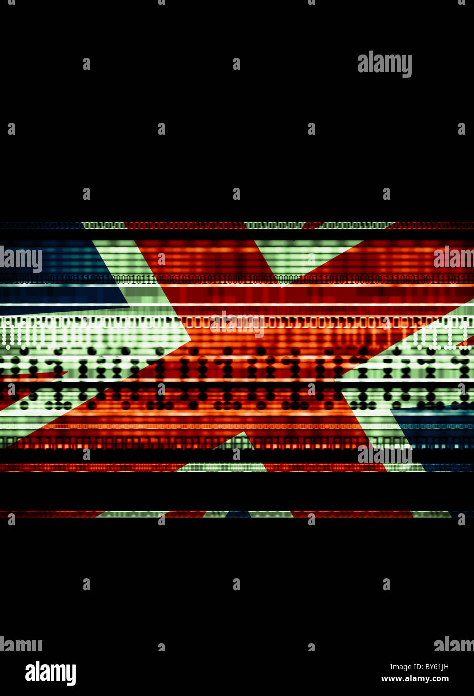 Britannica Union Jack miscelato con i flussi di dati che rappresenta i dati di utilizzo, la criminalità informatica, sicurezza nazionale Foto Stock