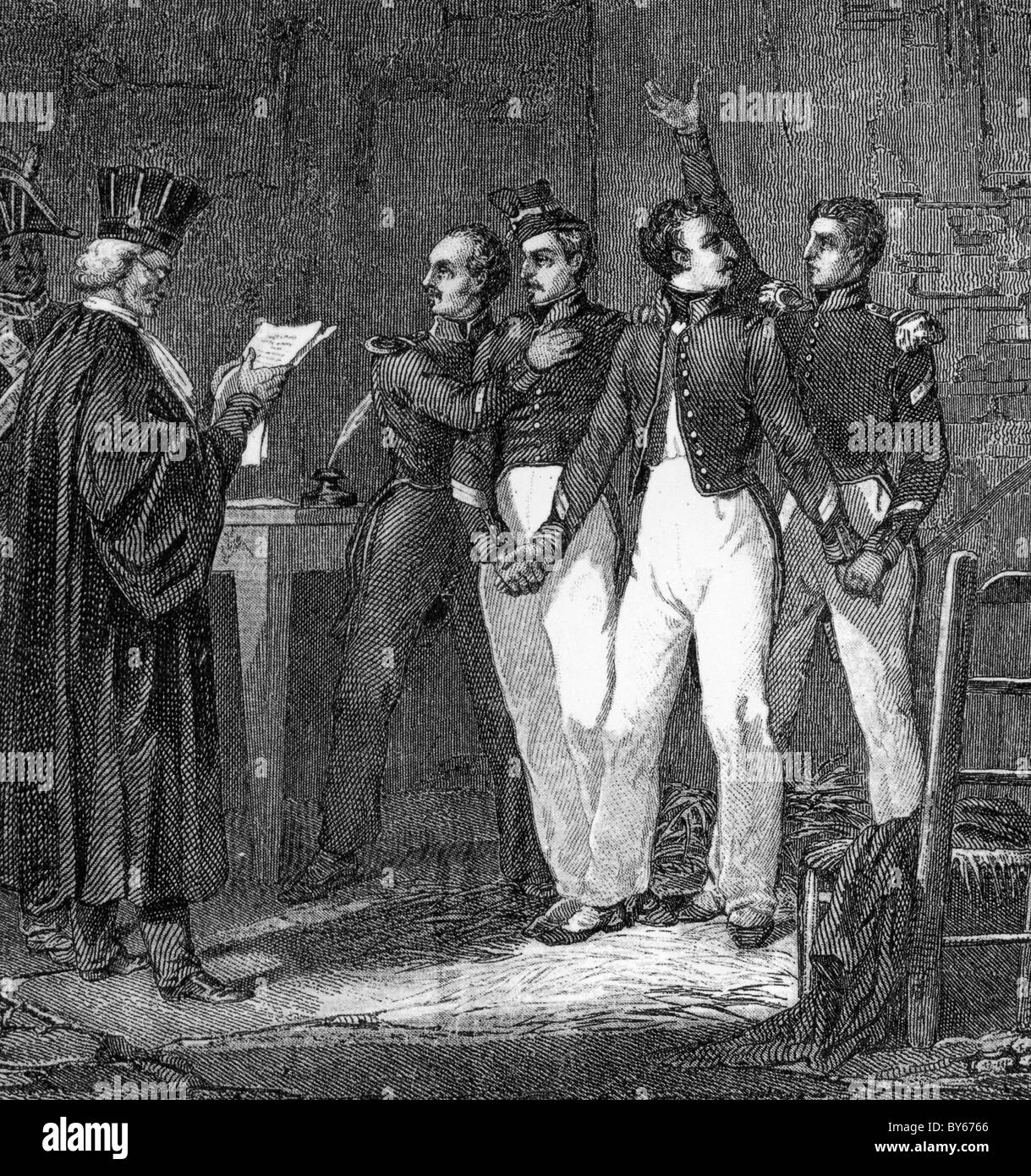 I quattro sergenti di La Rochelle sono giovani soldati francesi che erano ghigliottinato nel 1822. Foto Stock
