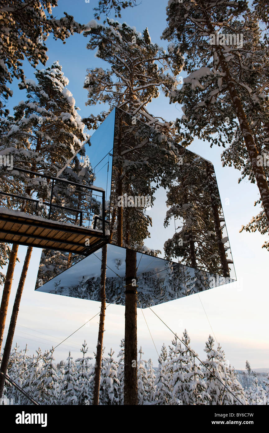 Il Treehotel di Harads in Svezia, la mirrorcube, architetto Martin Videgård, Bolle Tham ,Tham & Videgård arkitektur pino Foto Stock