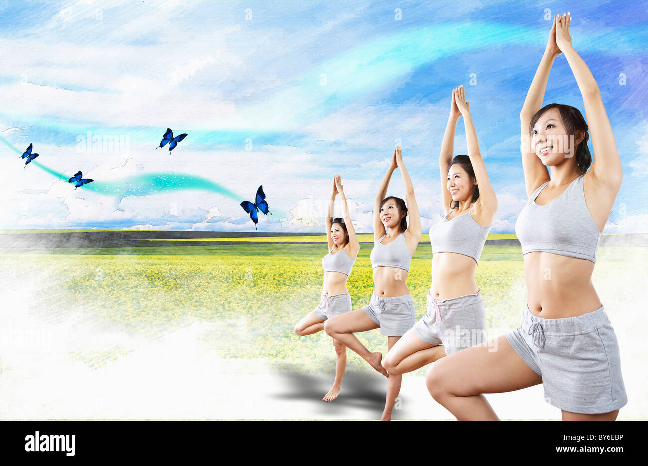 Delle donne che esercitano lo yoga insieme Foto Stock