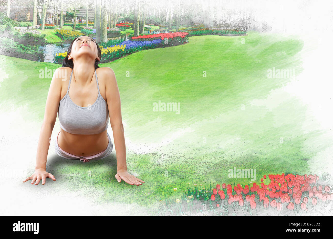 Donna che esercitano lo yoga Foto Stock