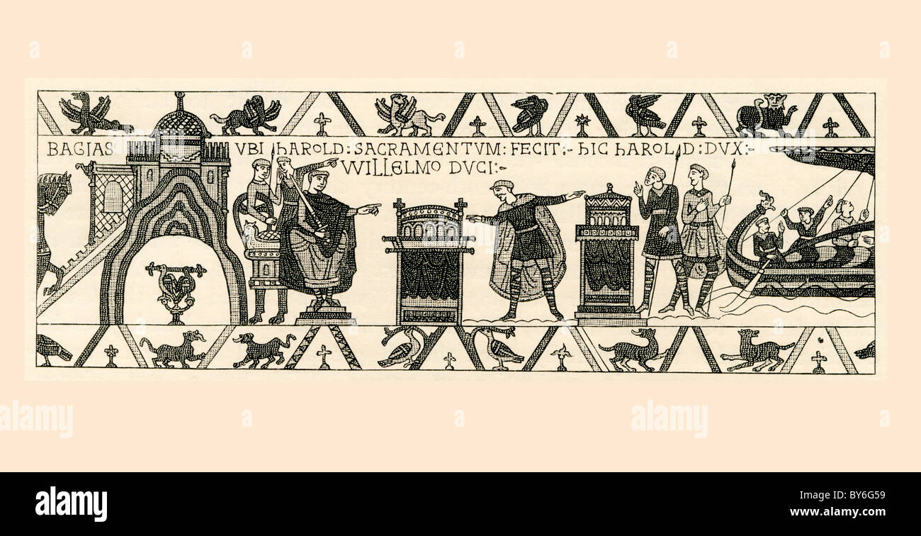 Scena dall'Arazzo di Bayeux. William e Harold a Bayeux, Normandia. Quindi, sulla destra, Harold vele per tornare in Inghilterra. Foto Stock