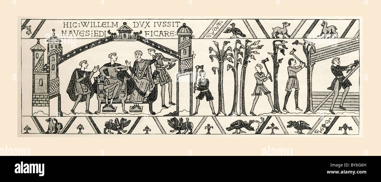 Scena dall'Arazzo di Bayeux. King William e consiglieri plan invasione dell'Inghilterra. Gli uomini iniziano a buttare giù alberi per la costruzione delle imbarcazioni Foto Stock