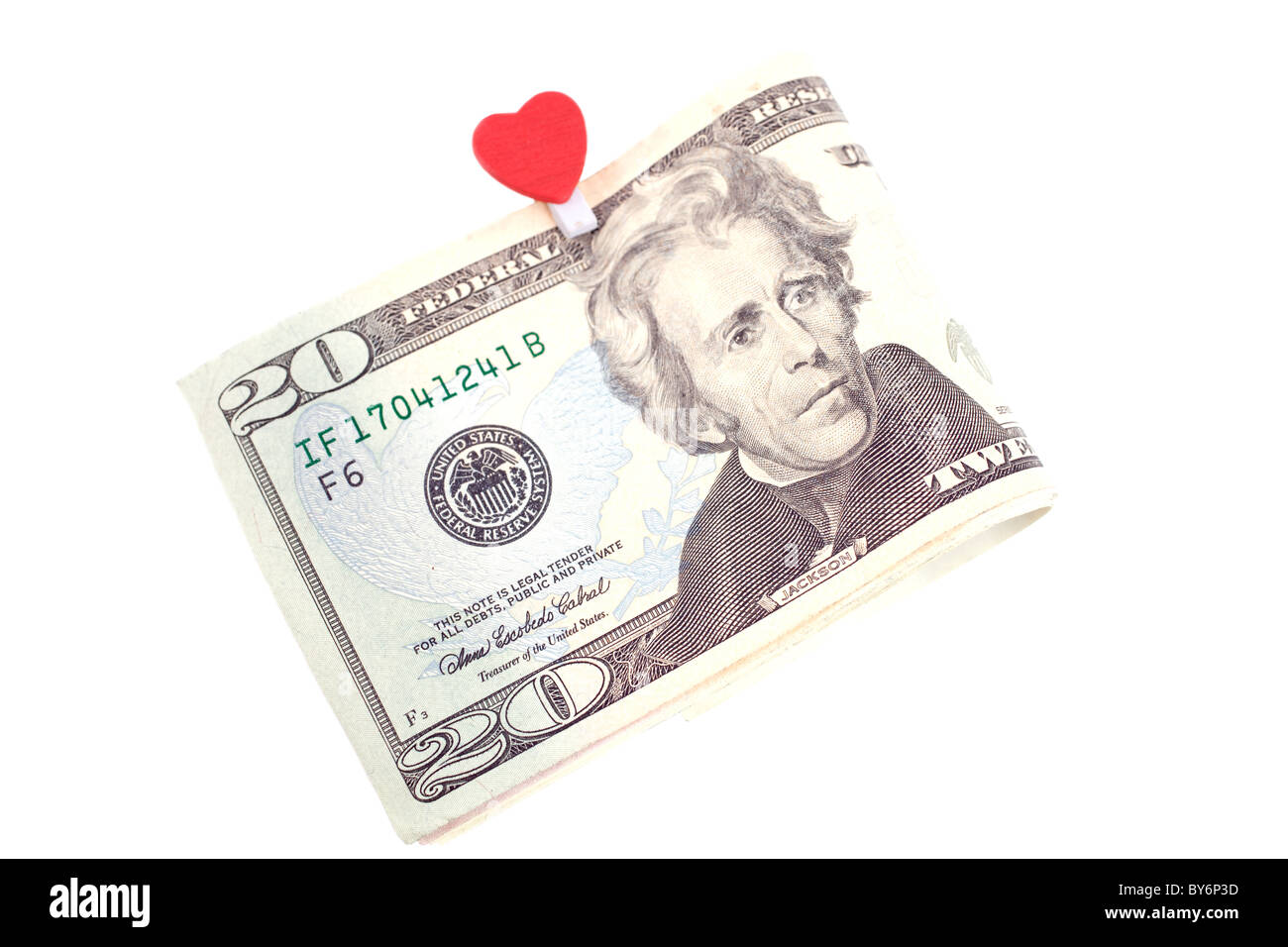 U.S. dieci dollari con il simbolo del cuore isolato su sfondo bianco Foto Stock