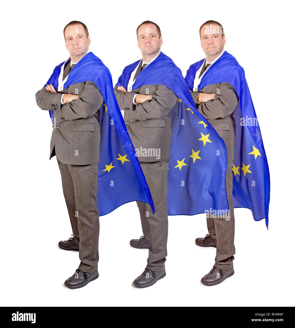 Gli uomini con la bandiera dell'Unione europea Foto Stock