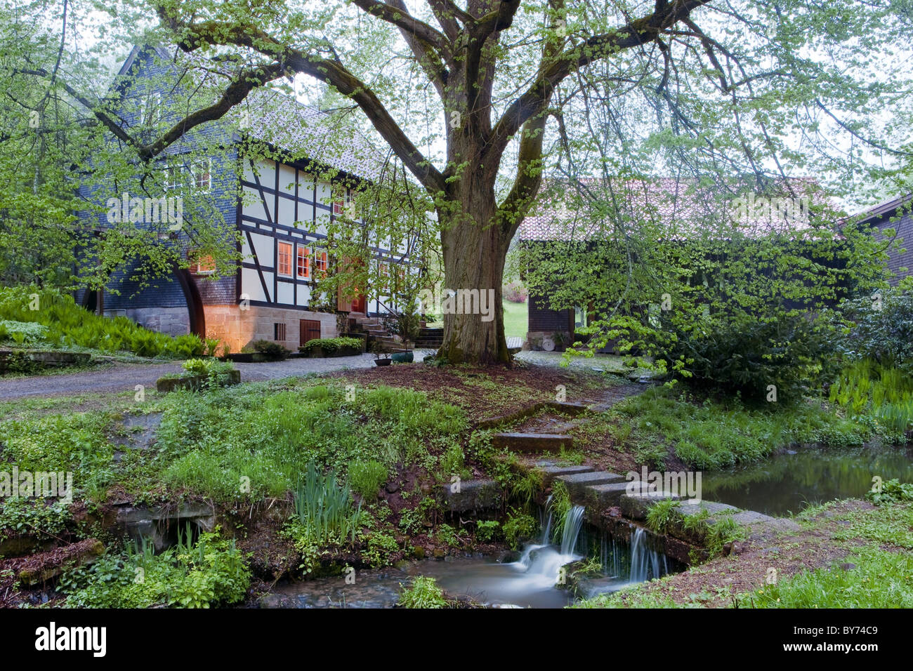 Mulino ad acqua idilliaco con creek in primavera, Haunetal, Rhoen, Hesse, Germania, Europa Foto Stock