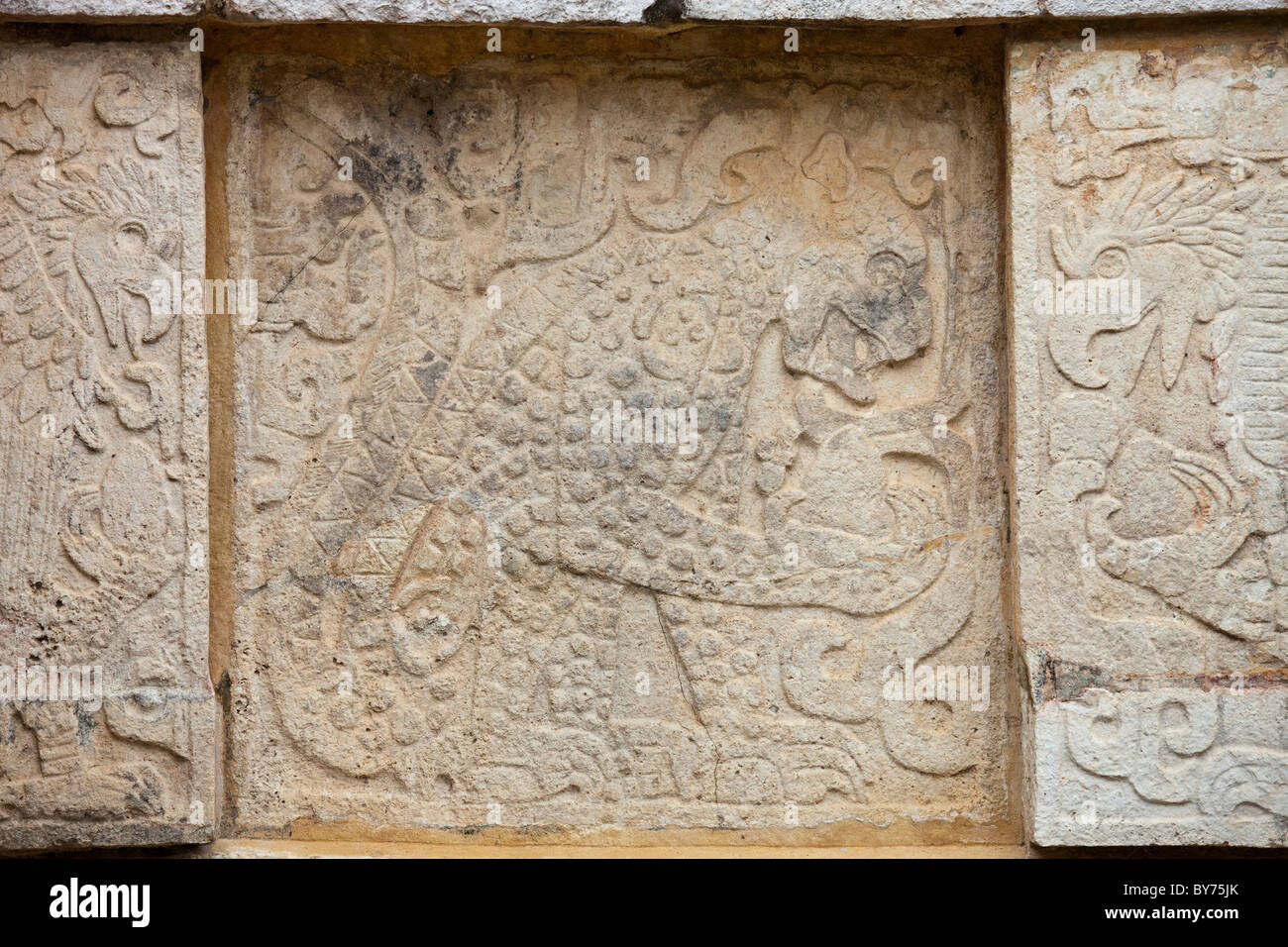 Jaguar tenendo il cuore, Platforma de los Aguilas y los jaguares, Chichen Itza, Messico Foto Stock