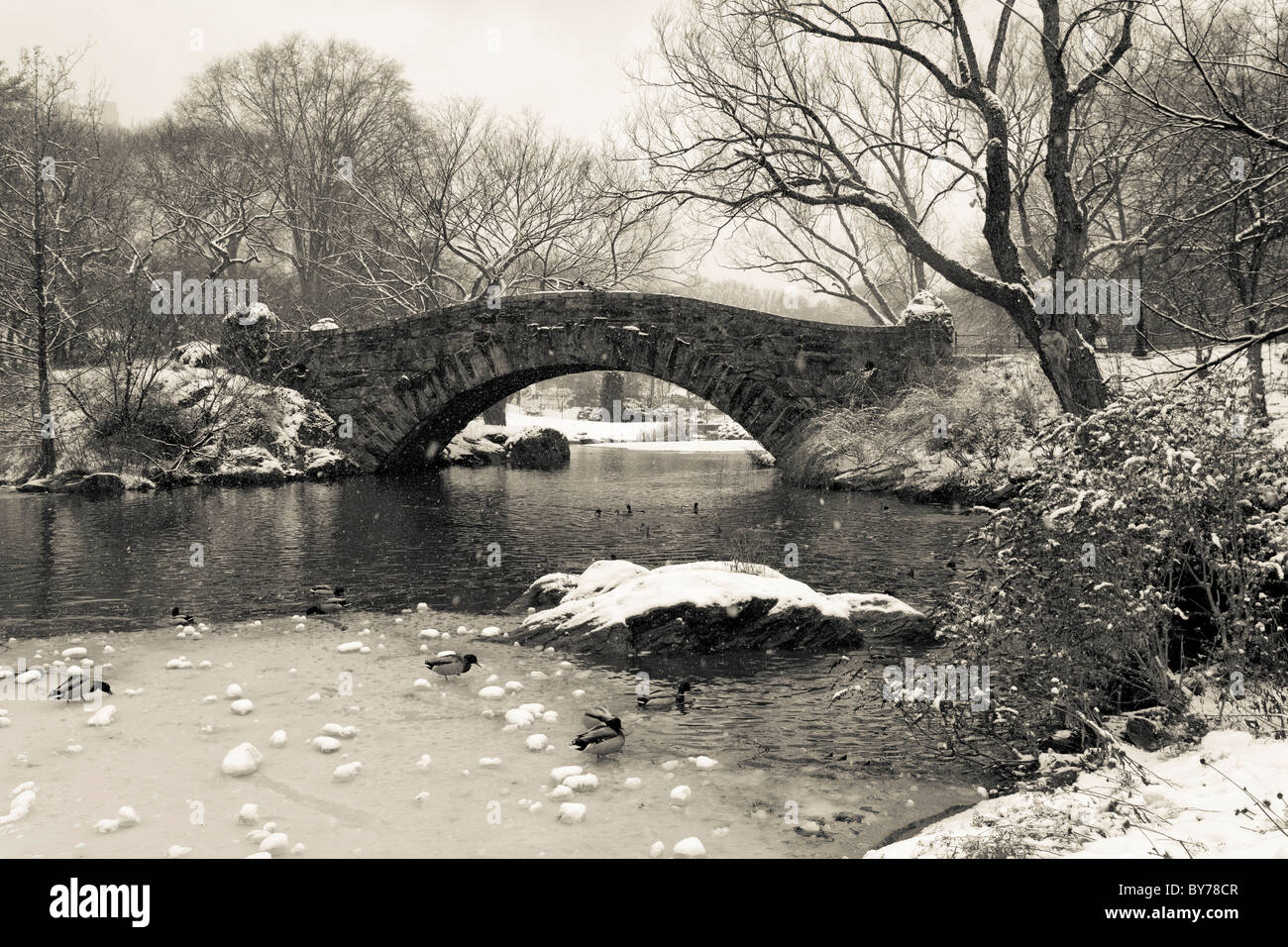 Il Central Park di New York City Gapstow bridge dopo la tempesta di neve Foto Stock