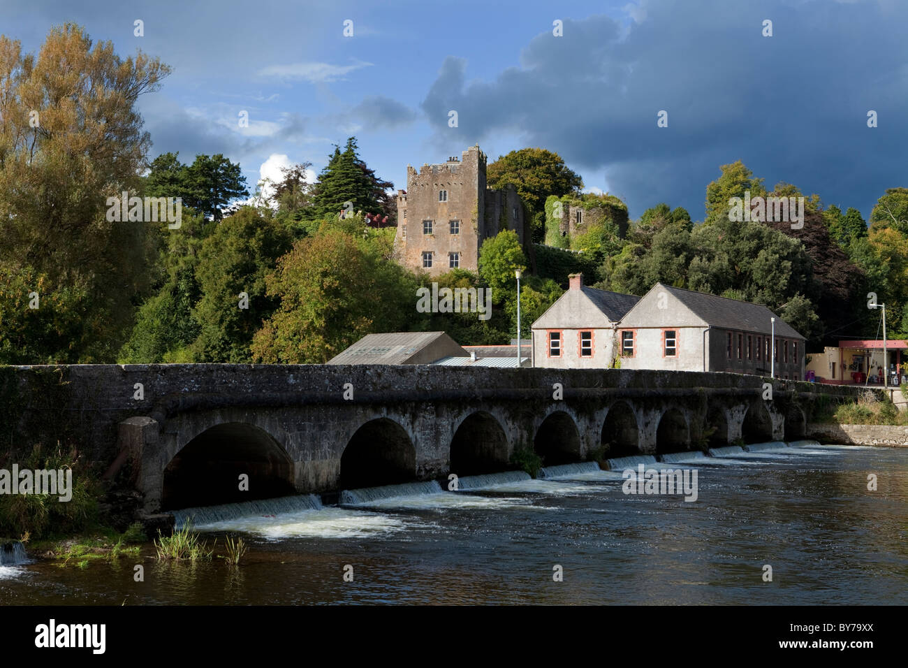 Castello costruito dal Re Giovanni nel 1186 a guardia del fiume che attraversa e 15 Arch ponte sul fiume Suir, Ardfinnan, nella contea di Tipperary, Irlanda Foto Stock