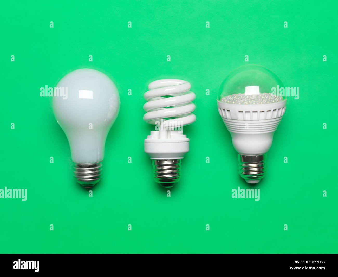 Tre generazioni di lampadine. Regolari, ad incandescenza fluorescenti a risparmio energetico e LED isolato su sfondo verde Foto Stock