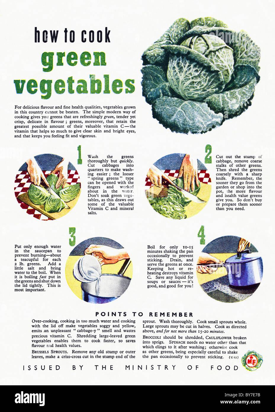1940s annuncio dal ministero dei prodotti alimentari che mostra come cucinare verdura verde nella rivista femminile Foto Stock