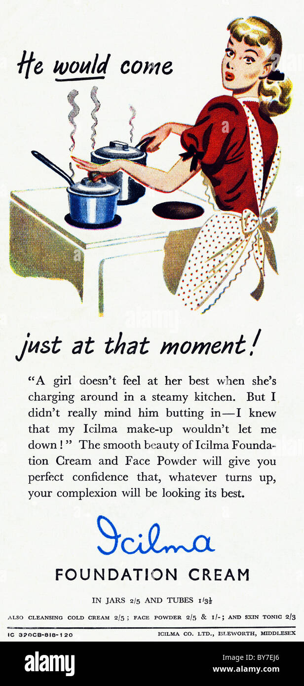 1940s compongono la pubblicità per la crema di fondazione di cosmetici ICILMA nella rivista di economia domestica delle donne Foto Stock