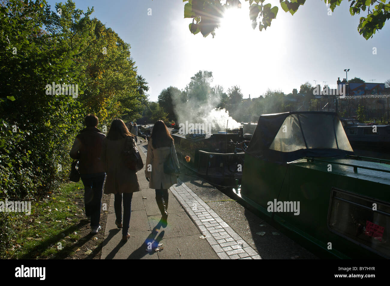Chiatte sul Regents Canal adiacente a London Victoria Park Foto Stock