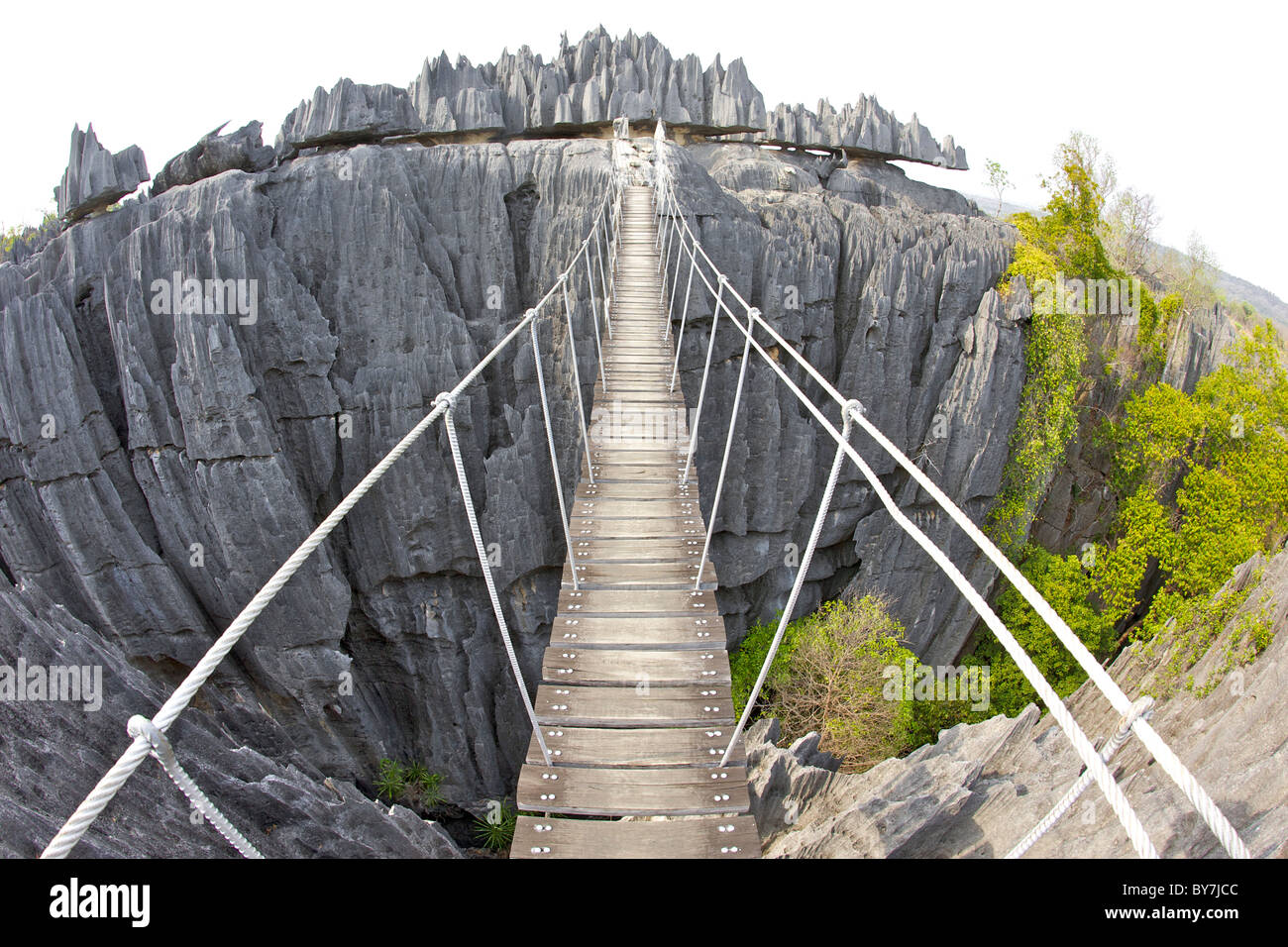 Vista del ponte di sospensione attraverso il Grand Tsingy paesaggio di Tsingy de Bemaraha National Park nella parte occidentale del Madagascar. Foto Stock