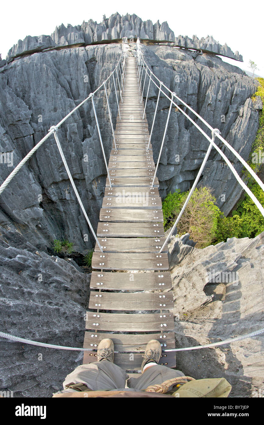 Vista del ponte di sospensione attraverso il Grand Tsingy paesaggio di Tsingy de Bemaraha National Park nella parte occidentale del Madagascar. Foto Stock