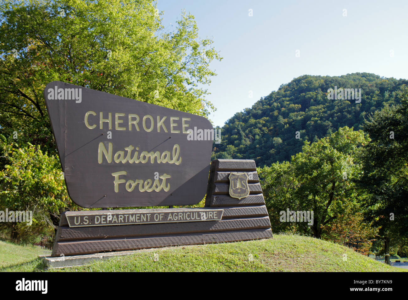 Tennessee Ocoee,Cherokee National Forest,Department of Agriculture,Federal Land,Trees,Managed resource,legname raccogliendo,ingresso segno,confine,segni, Foto Stock