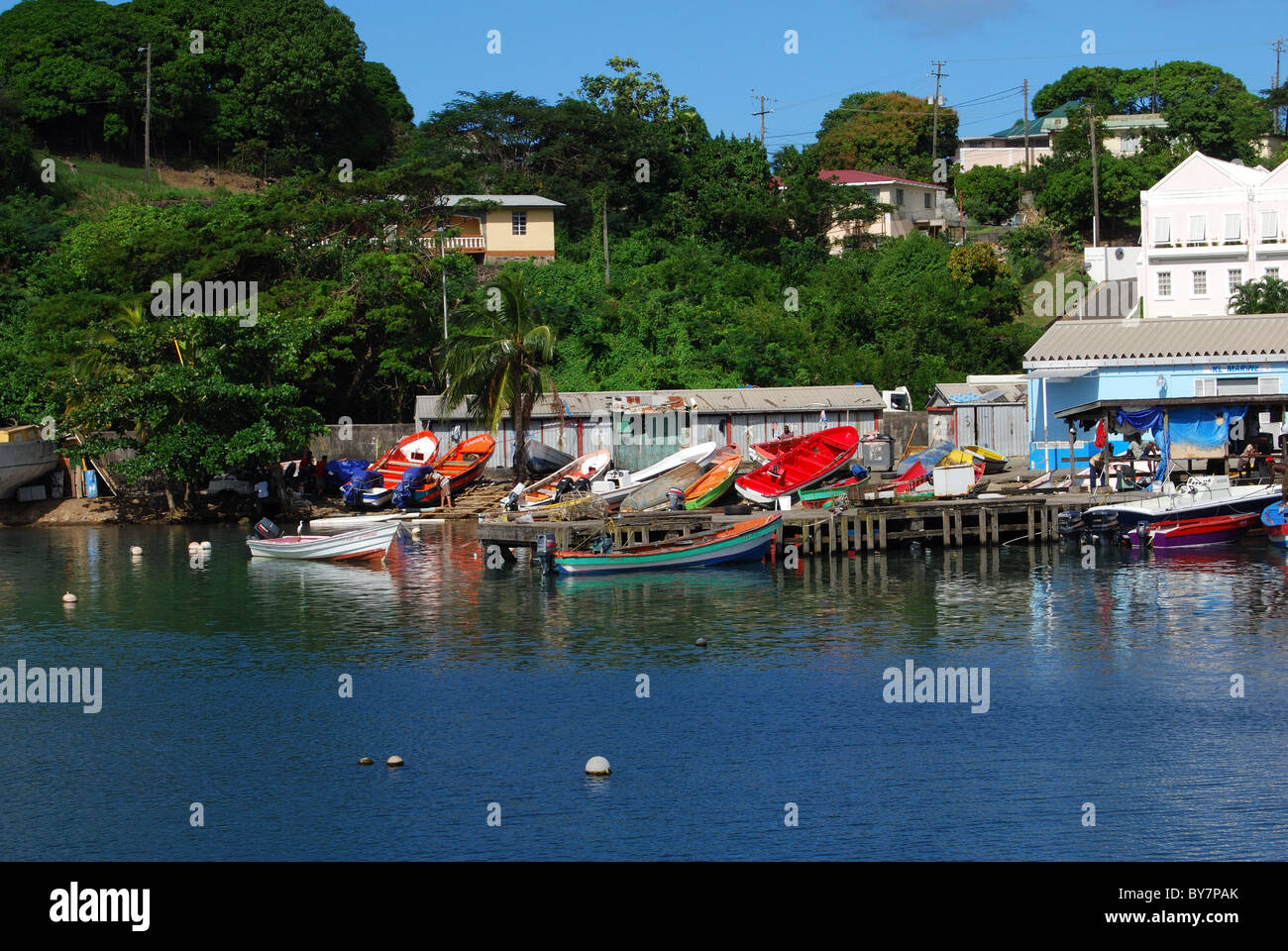 Barche da pesca in porto, Castries, Santa Lucia, dei Caraibi. Foto Stock