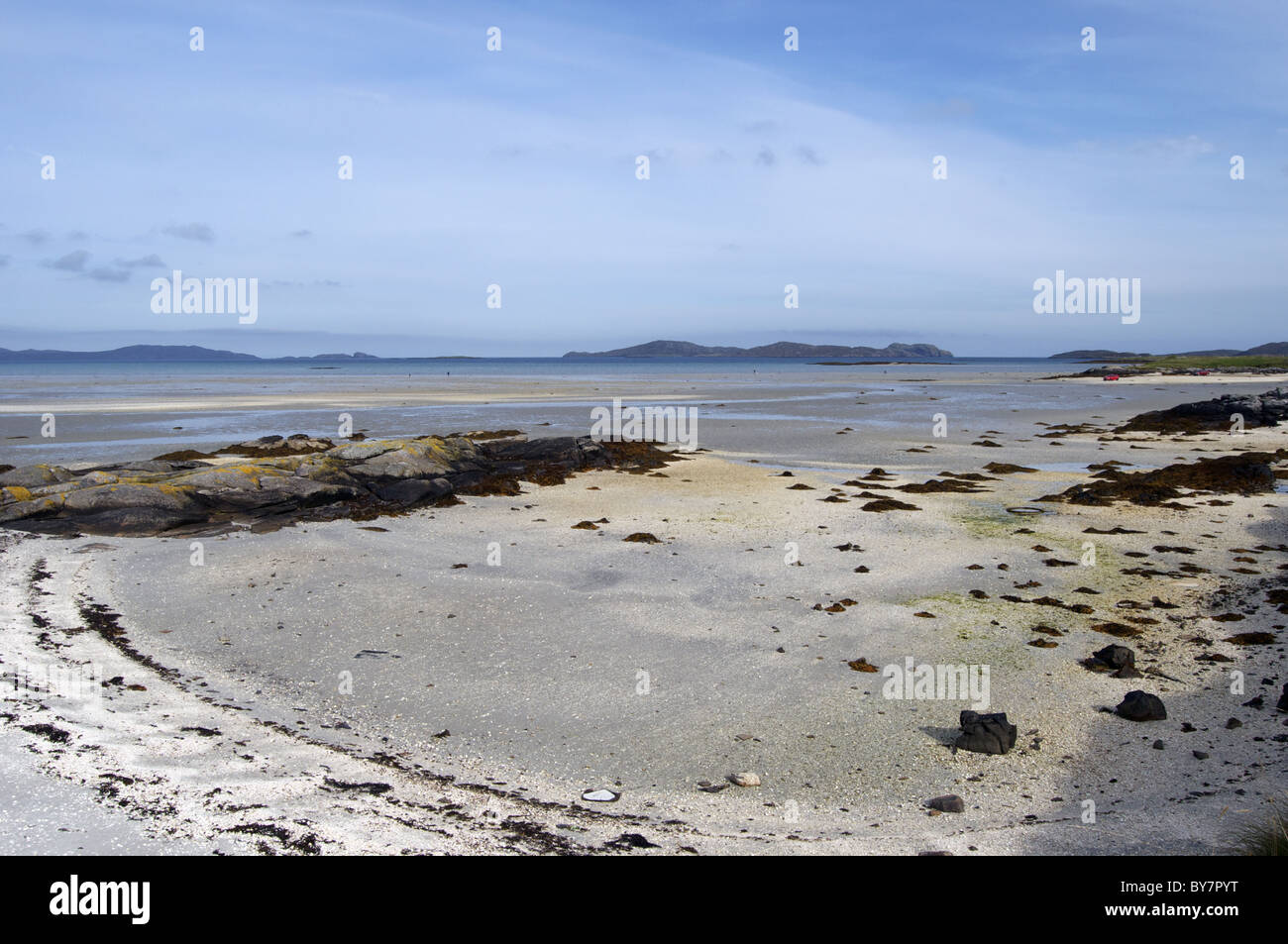 Litorale di Traigh Mhòr spiaggia su Isle of Barra, Ebridi Esterne, Scozia Foto Stock