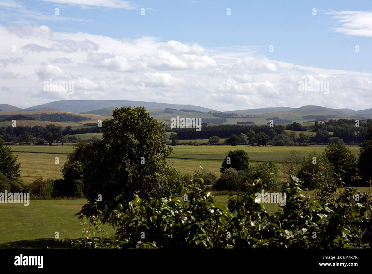 Una vista delle colline Cheviot da un sentiero vicino alla città di confine di Coldstream Berwickshire Scottish Borders Scotland Foto Stock