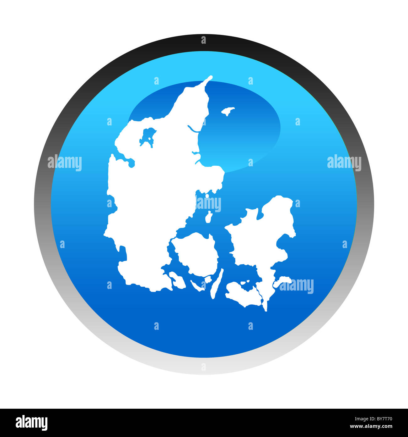 Danimarca mappa blu pulsante circolare isolati su sfondo bianco. Foto Stock