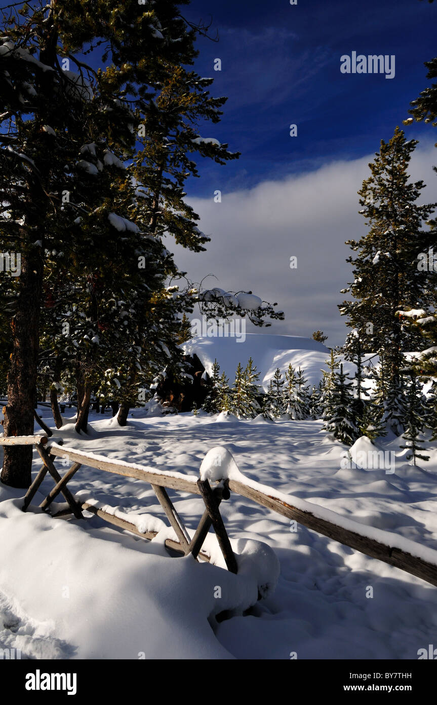 Recinzione e piccola cabina nella neve profonda. Parco Nazionale di Yellowstone, Wyoming negli Stati Uniti. Foto Stock