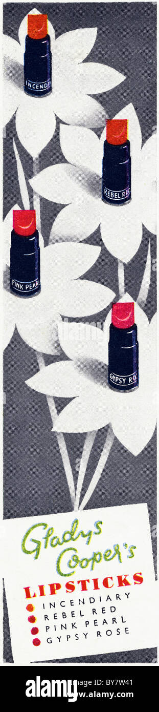 1940s fanno pubblicità per GLADYS COOPER'S rossetti cosmetici nella rivista femminile Foto Stock