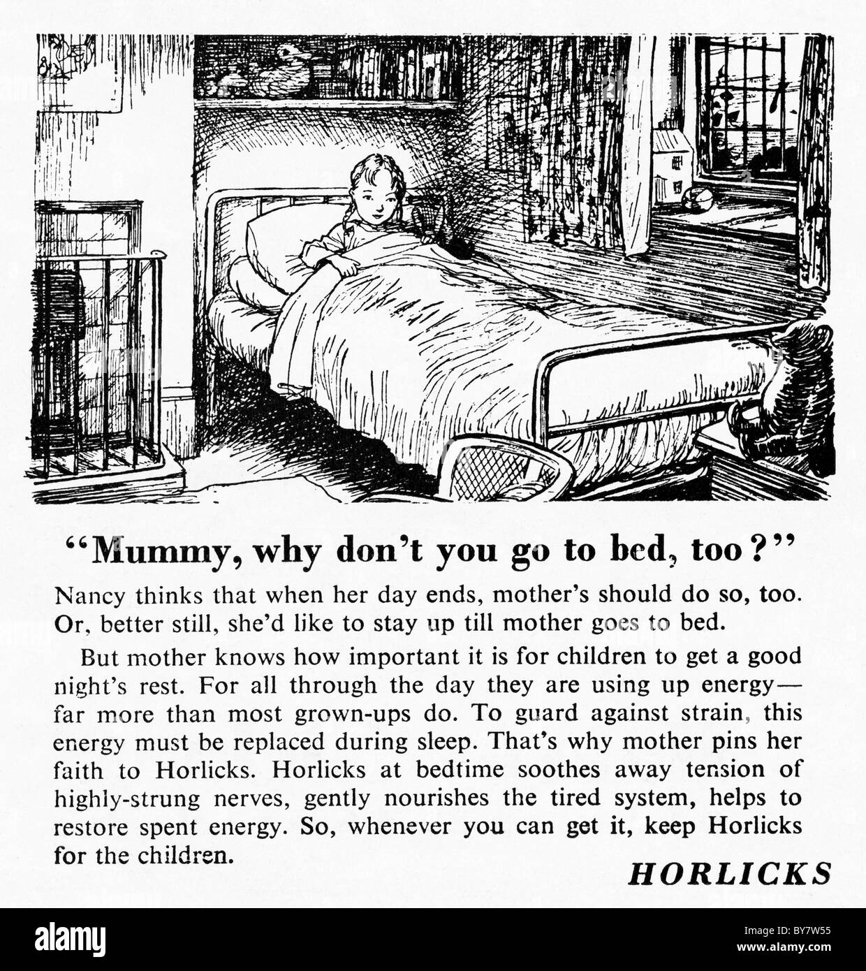 1940s pubblicità per HORLICKS notte tempo drink nella donna home economia magazine Foto Stock