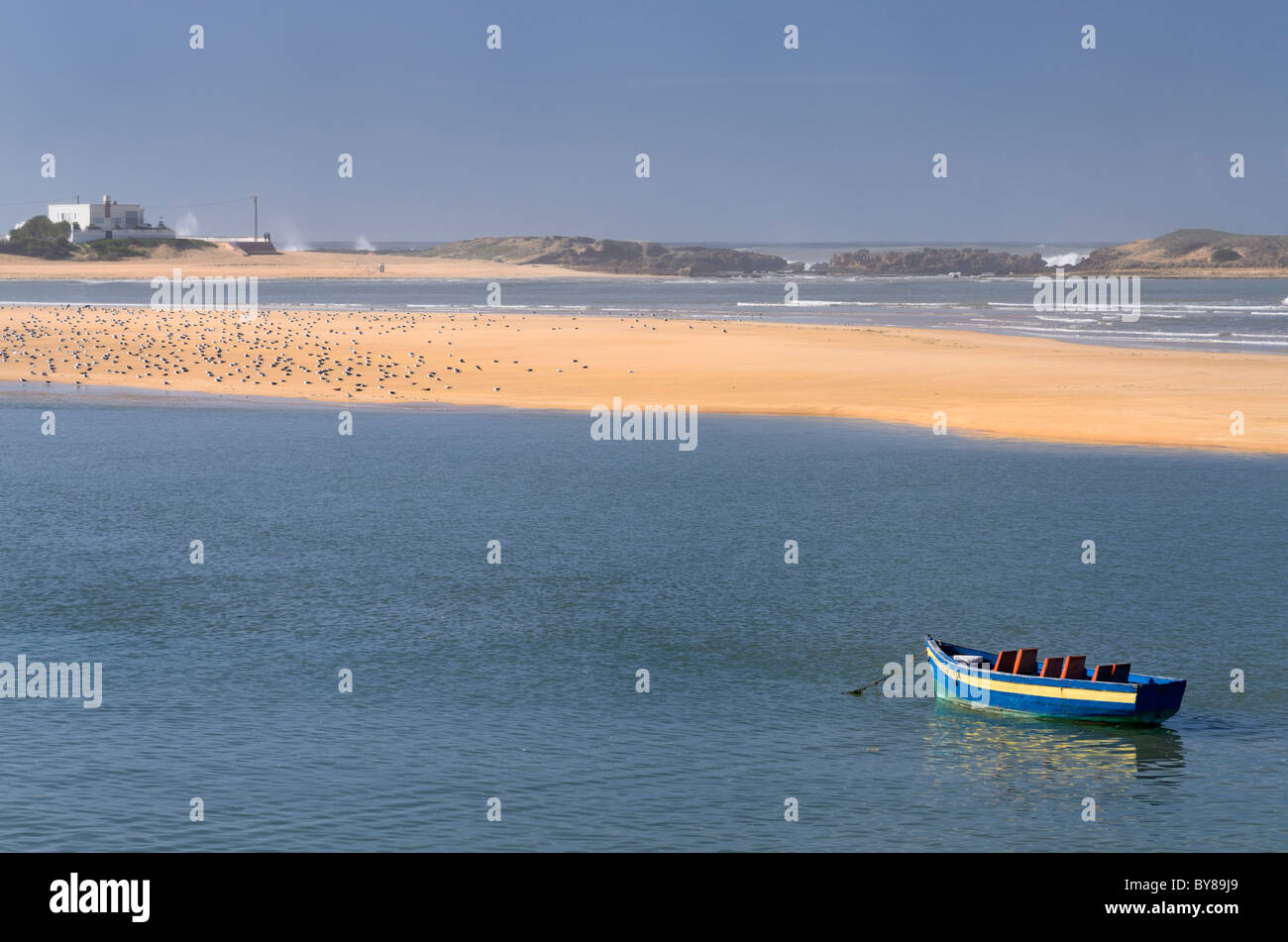 Barca isolato, gabbiani e surf sulla costa dell'oceano atlantico di oualidia marocco Foto Stock