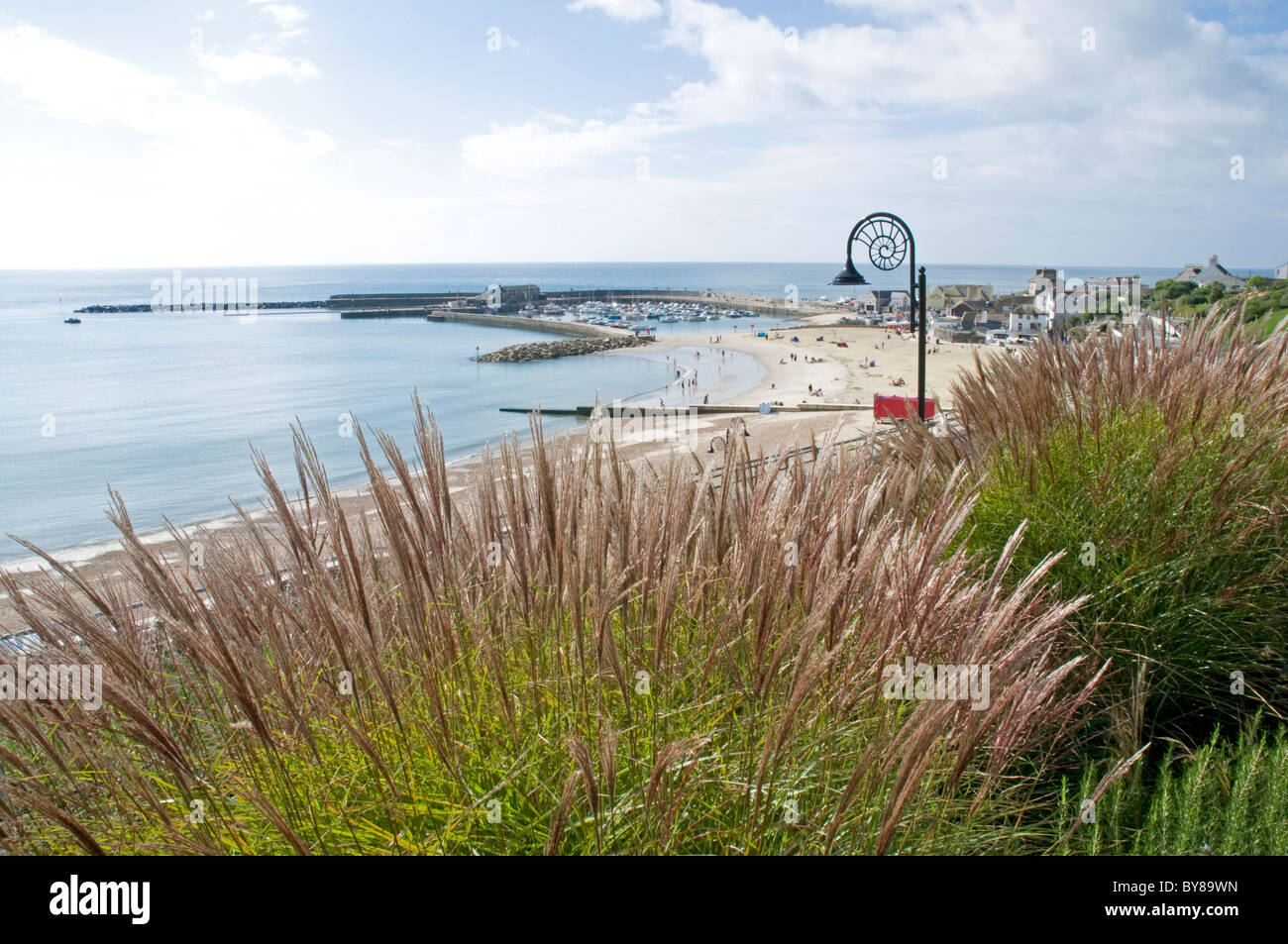 Vista su giardini Langmoor verso la spiaggia e la zona del porto a Lyme Regis, Dorset Foto Stock