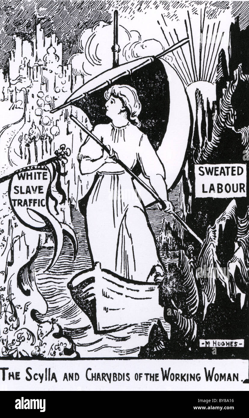 La Scilla e Cariddi DELLA DONNA LAVORATRICE 1904 illustrazione che mostra una donna lavoratrice la sterzatura di un corso tra due mali Foto Stock