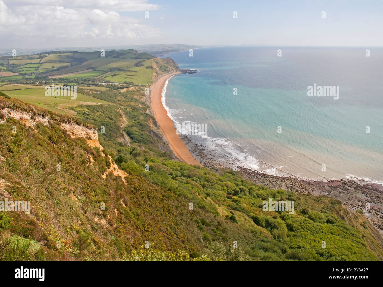 Guardando verso est lungo la baia di Lyme costa da Golden Cap, con la famosa spiaggia di Seatown nella distanza Foto Stock