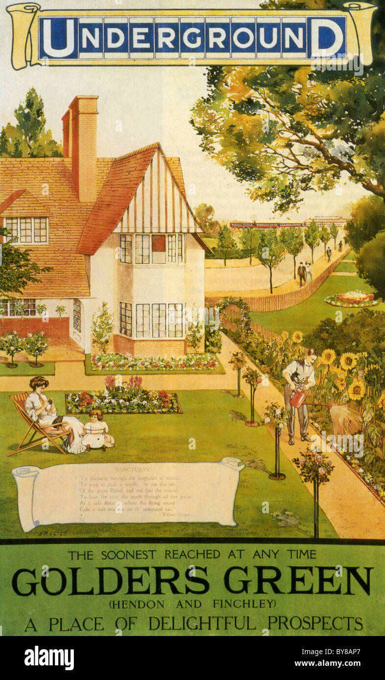 La metropolitana di Londra poster su 1910 mostra un idealizzato Edwardian famiglia nella loro nuova casa in Golders Green Foto Stock