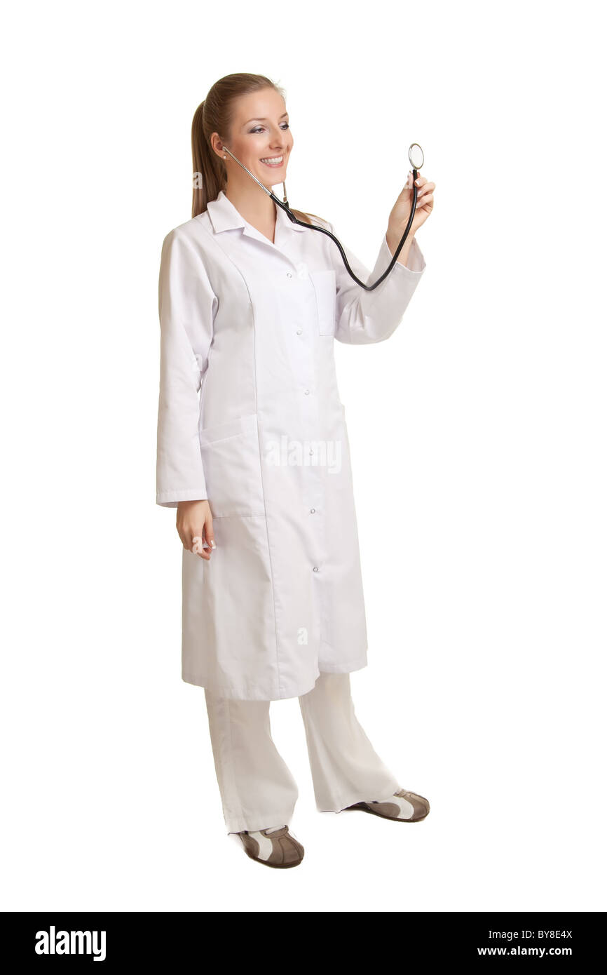 Medico donna in uniforme con uno stetoscopio Foto Stock