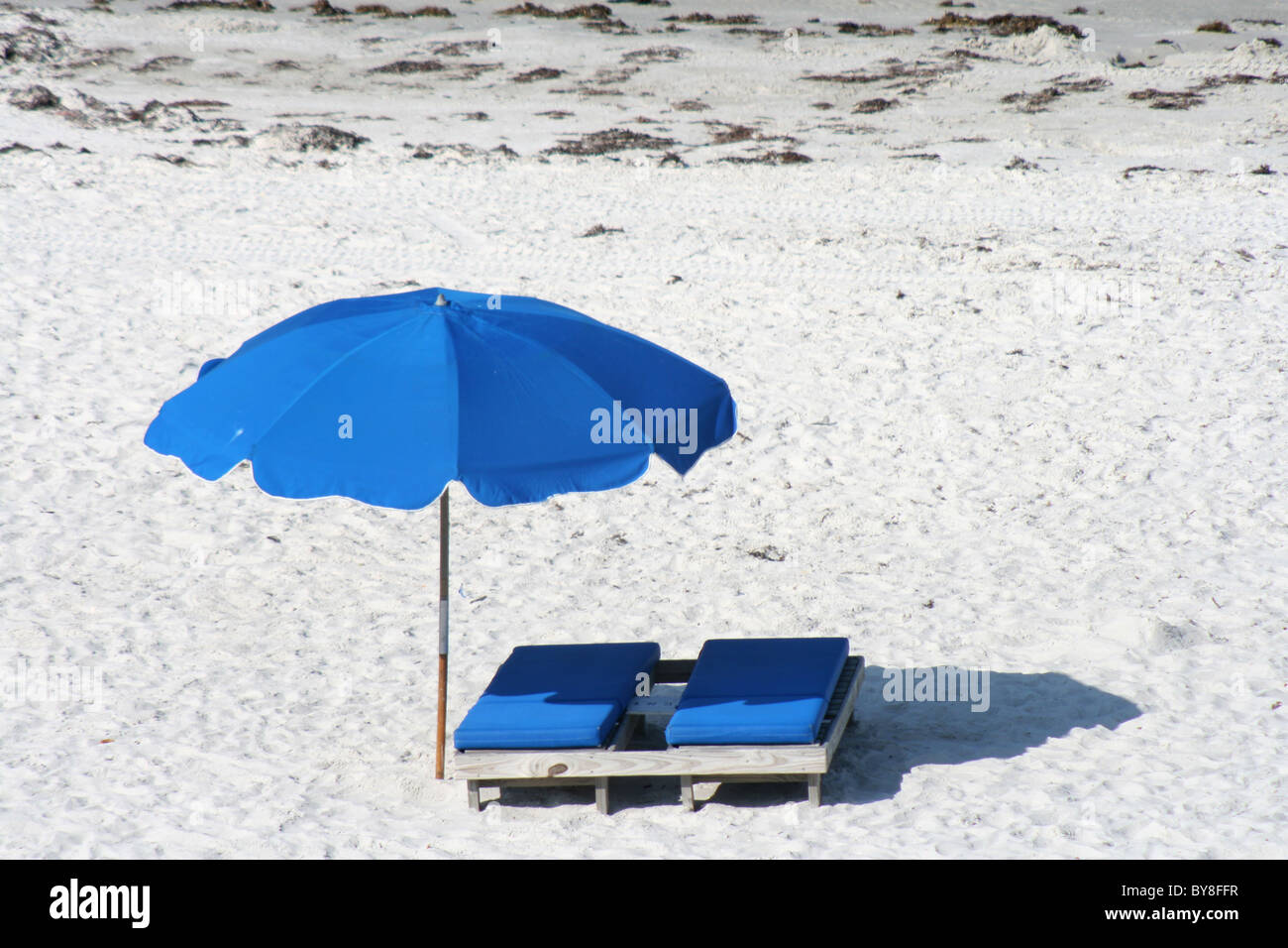 Blu sedia spiaggia con ombrellone. Madeira Beach Florida Foto Stock