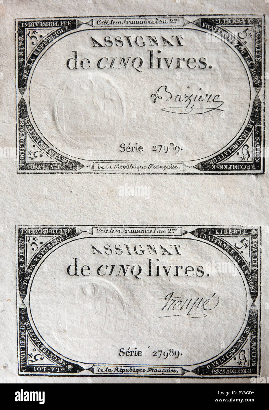 Banconote in francese dalla rivoluzione Foto Stock