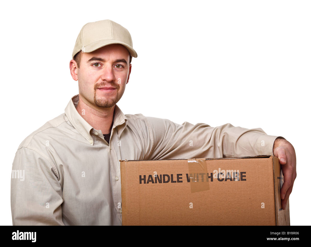 Ritratto di consegna caucasica uomo su sfondo bianco Foto Stock