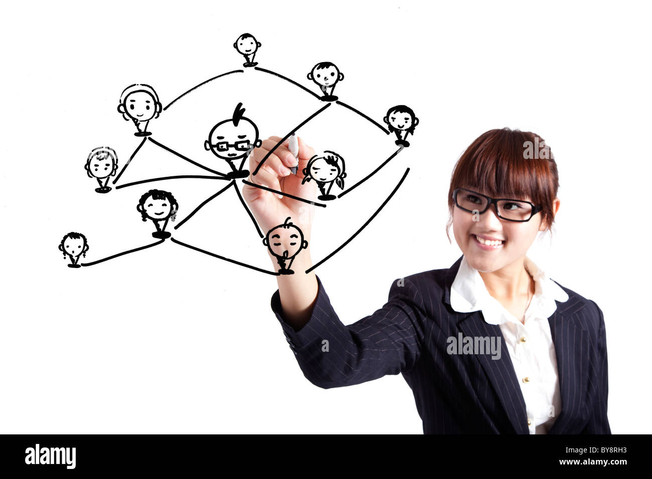 Business donna disegno rete sociale diagramma di rapporto Foto Stock