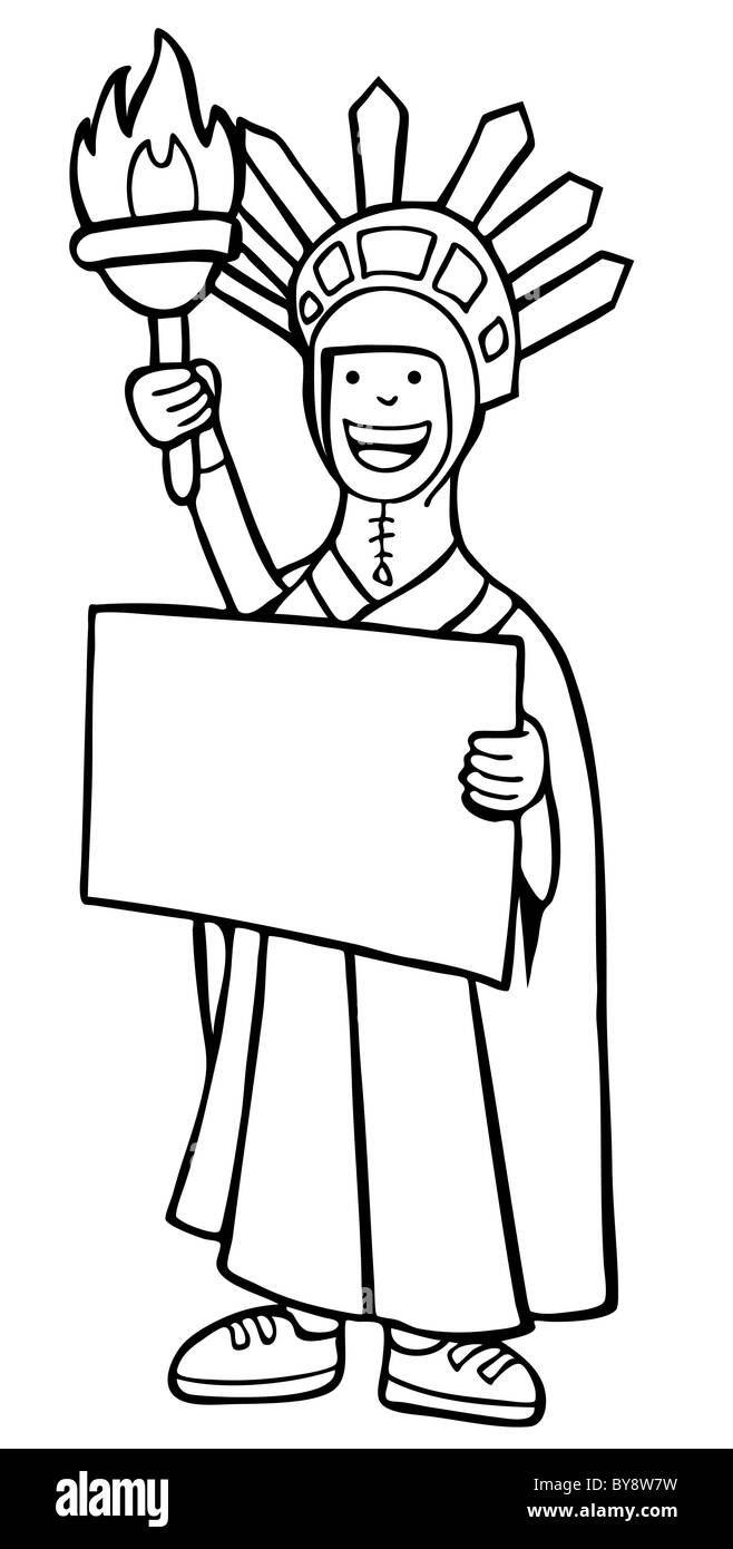 Persona in una Statua della Libertà costume tenendo un cartello bianco. Foto Stock