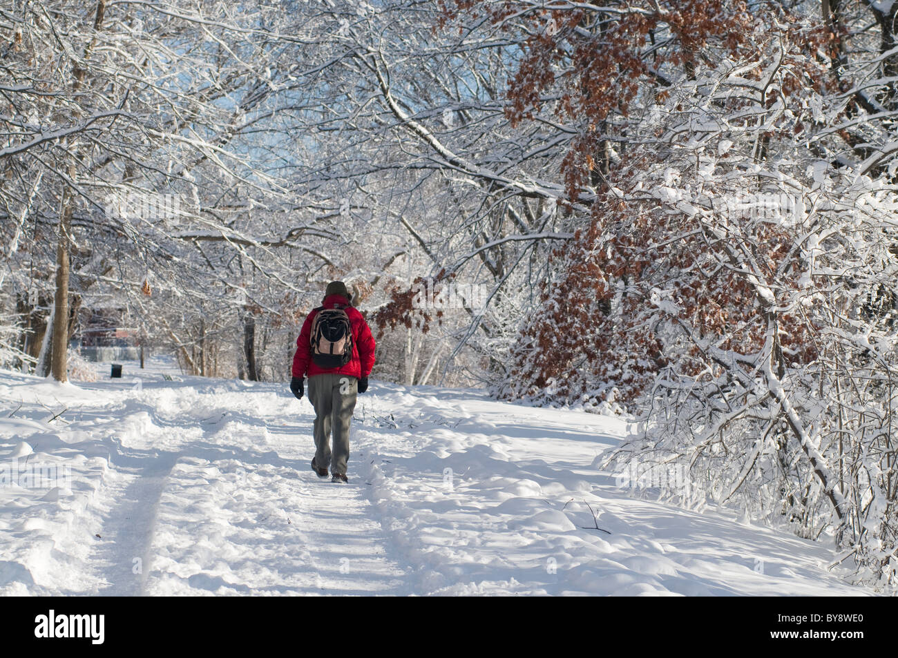 Il pendolarismo attraverso la neve in un parco di Boston, MA. Foto Stock