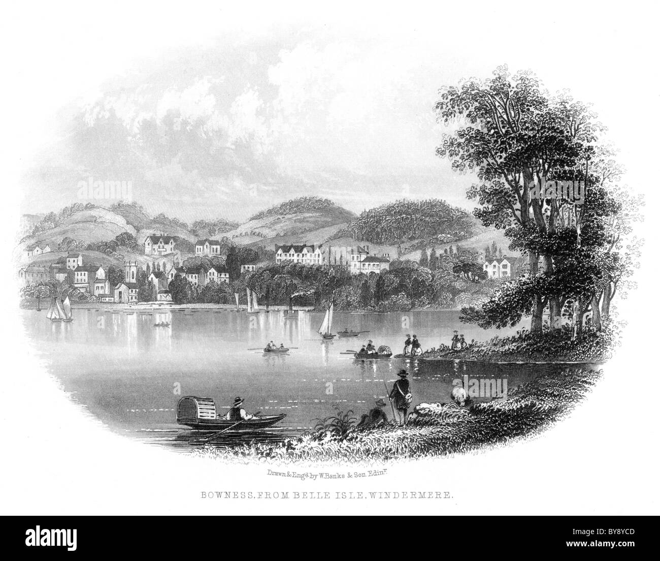 Incisione intitolata Bowness di Belle Isle Windermere UK scansionata ad alta risoluzione da un libro precedente al 1864 sul Lake District. Creduto libero da copyright. Foto Stock