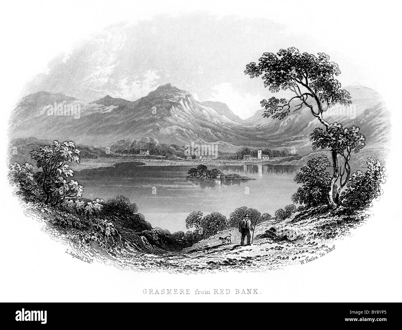 Incisione intitolata Grasmere from Red Bank scansionata ad alta risoluzione da un libro sul Lake District pubblicato prima del 1864. Creduto libero di copyright. Foto Stock