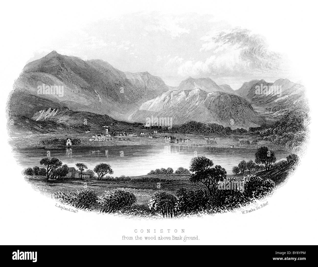 Una incisione intitolata Coniston dal legno sopra la massa della banca scansionati ad alta res. a partire da un pre 1864 prenota circa il Distretto del Lago Foto Stock