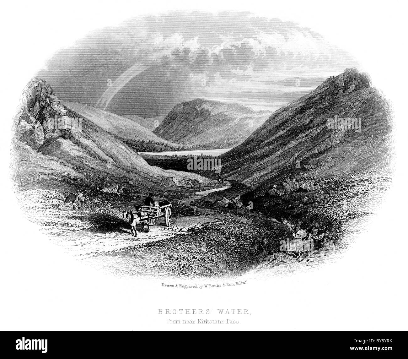 Un'incisione intitolata Brothers' Water proveniente dal vicino Kirkstone Pass scansionata ad alta risoluzione. Da un libro pre-1864 sul Lake District, Cumbria, Inghilterra Regno Unito Foto Stock