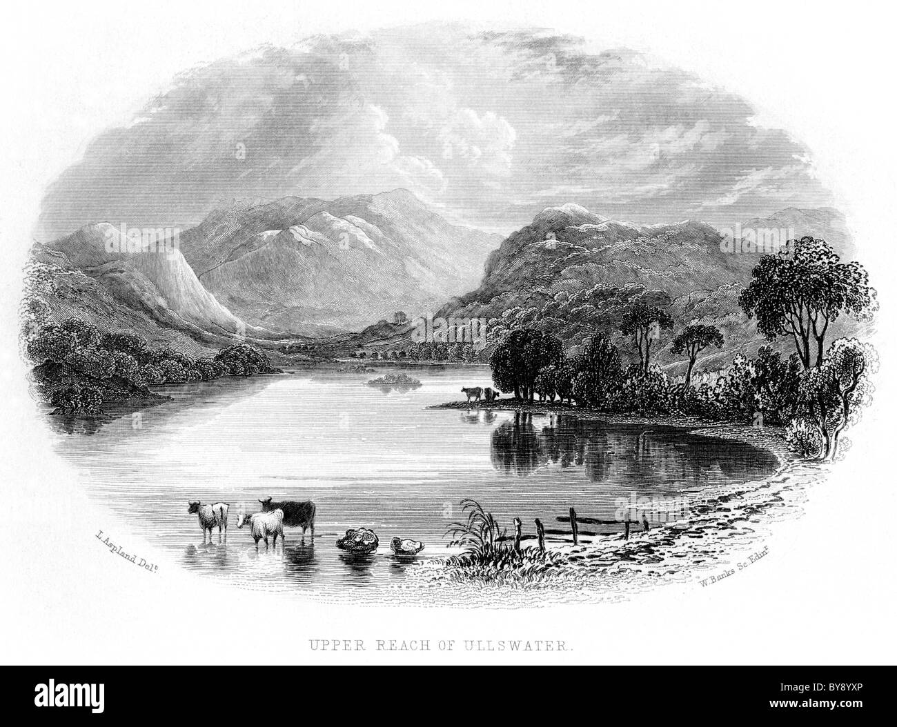 Una incisione intitolata raggiungere superiore di Ullswater scansionati ad alta risoluzione da un libro circa il Distretto del Lago pubblicato pre 1864 Foto Stock
